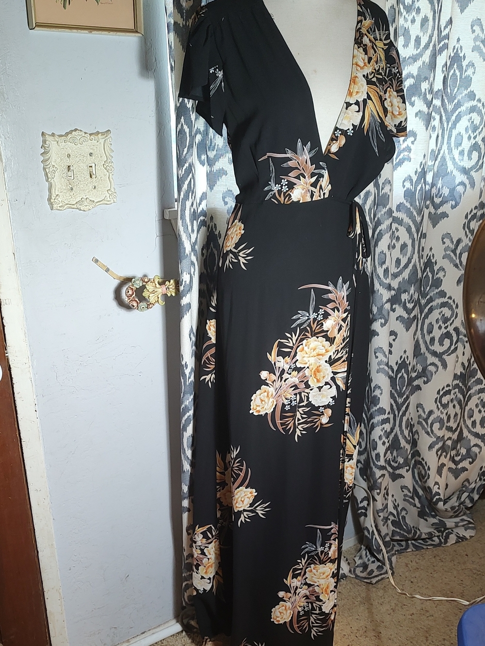 Black Floral Wrap Maxi Dress with Yellow-Cream Blooms